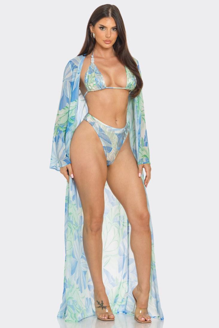 RHINESTONE FLORAL PRINT BIKINI SET W/ MATCHING COVER UP DUSTER
