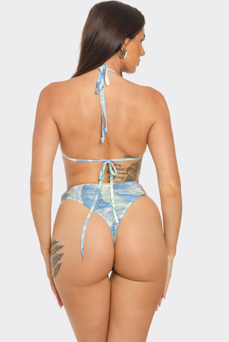 RHINESTONE FLORAL PRINT BIKINI SET W/ MATCHING COVER UP DUSTER